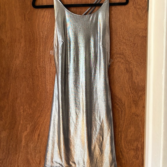 by the way. Silver Metallic Strappy Mini Dress • Open Back Cowl Detail • Size M - Picture 1 of 3